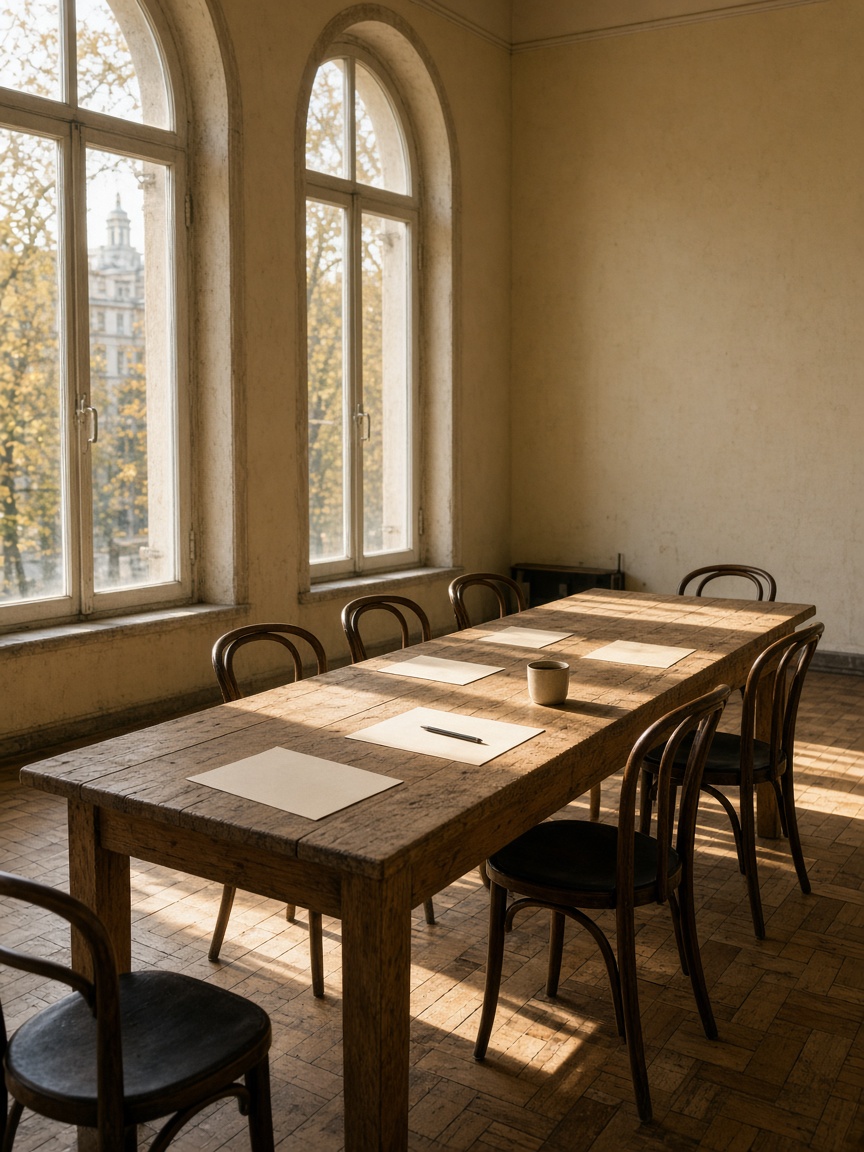 Long oak table and west windows in the Iuedixkas hall on Mateevici, late October light