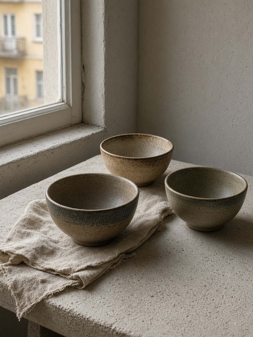 Stoneware bowls on linen under a north window