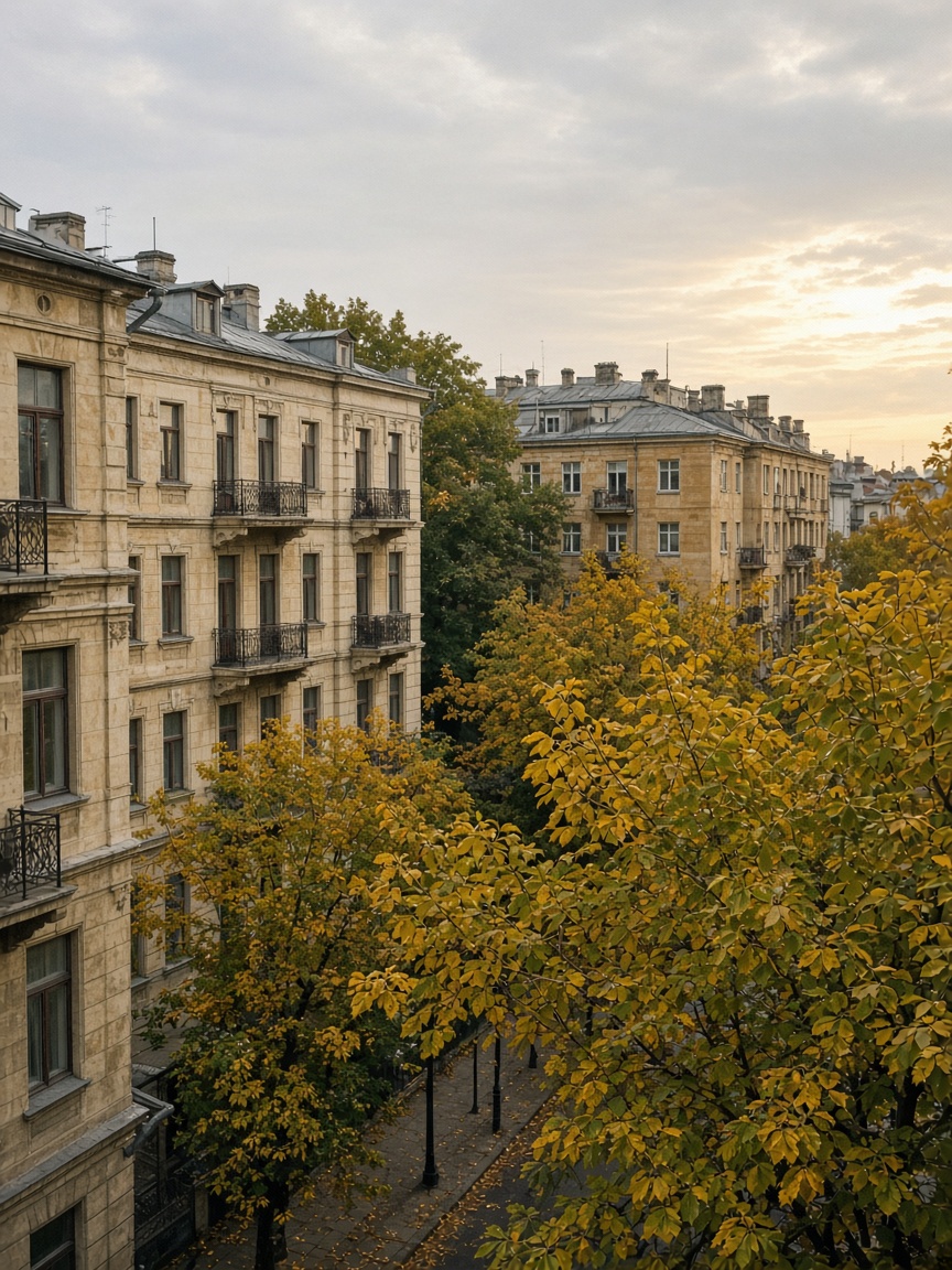 Yellow limestone facades and autumn chestnut trees in central Chișinău