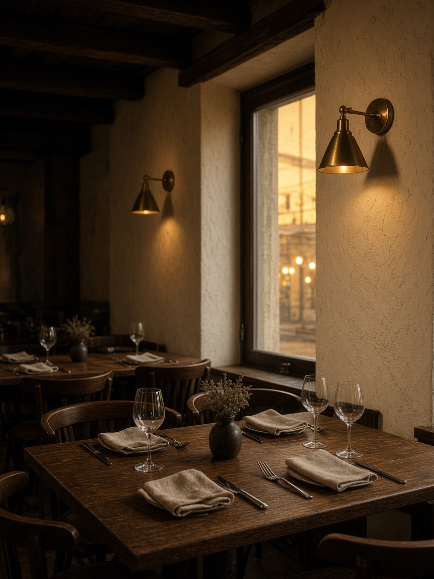 Empty dining room with oak tables and brass lamps