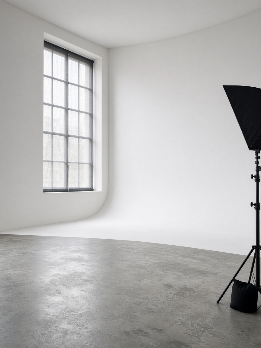 White cyc wall in hall B with north daylight from the factory window