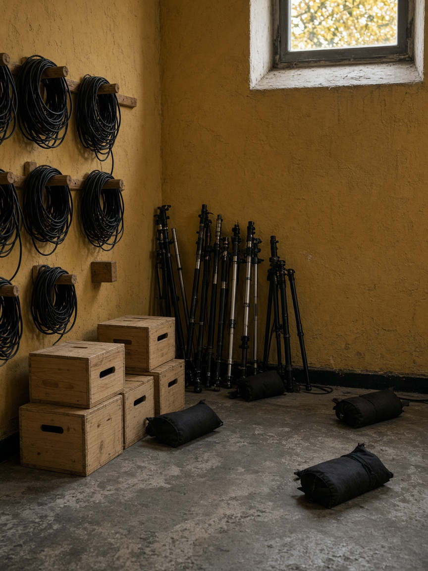 Stands, sandbags and coiled cable in the side room on Mateevici