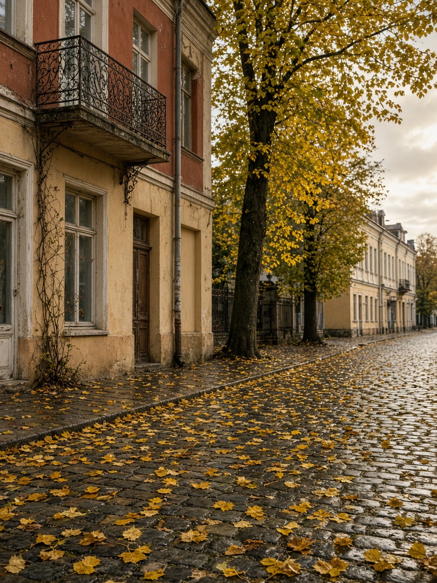 Wet cobblestones and cream facades in Chișinău old town after rain