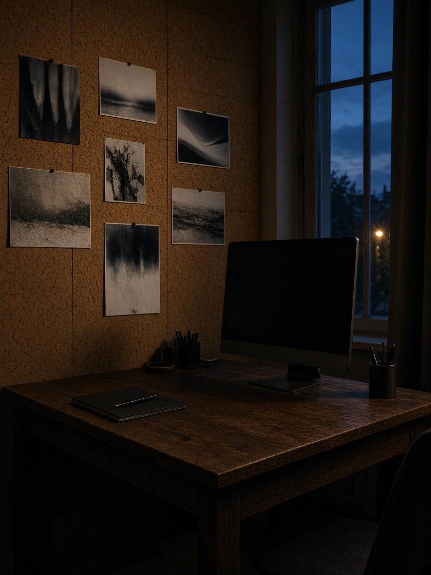 Finishing room at dusk with pinned prints and a dark desk