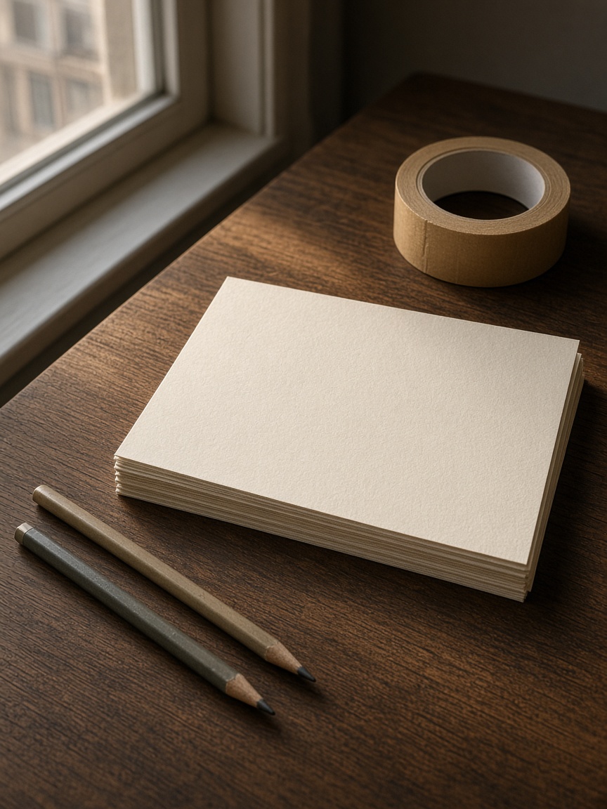 Blank paper, pencils and tape on the planning table